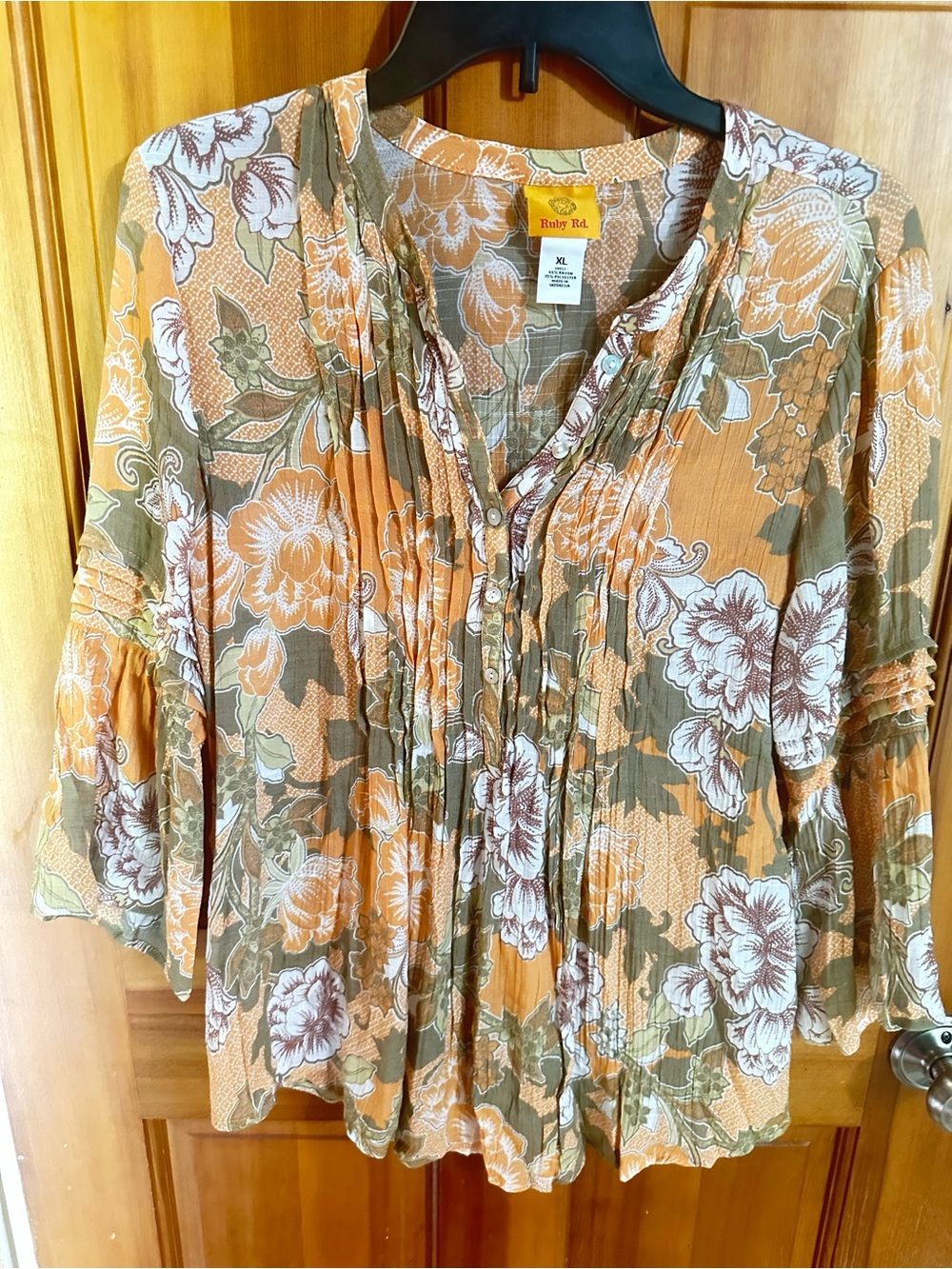 Ruby Rd. Floral Pintuck Peasant Blouse - Orange & Olive